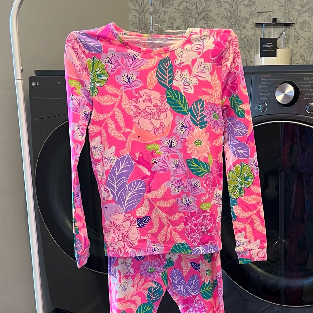 Lilly Pulitzer Girls Sammy Pajama Set; Bright Pink Floral Long-Sleeve